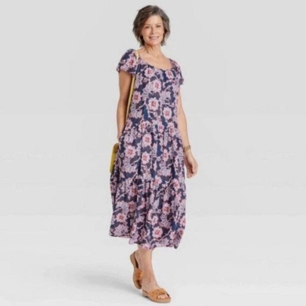 Knox Rose Floral Print Drop Waist Midi Dress L